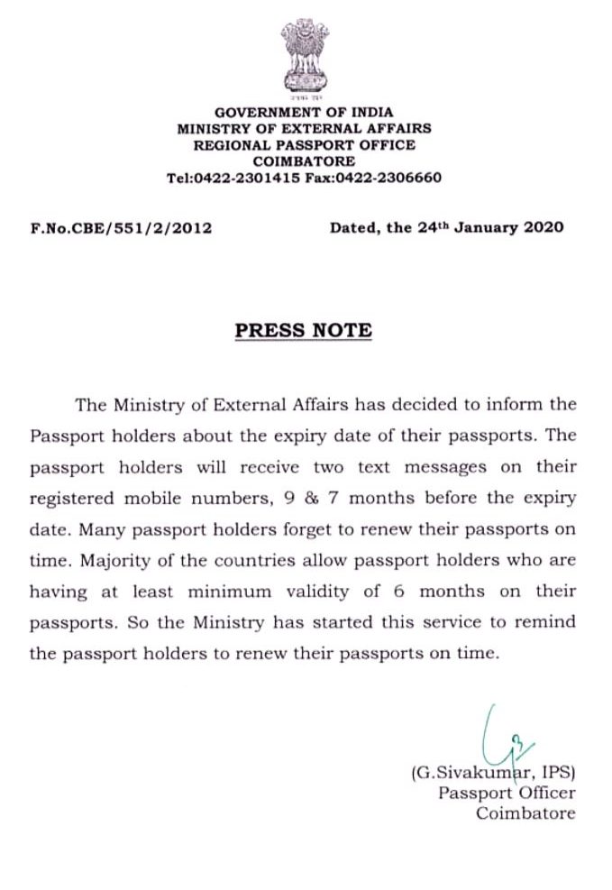 Passport Renewal Message to Come Before Expiry of Six Months : Govt Press Note