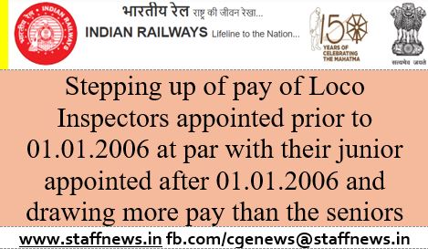 Stepping up of pay of Loco Inspectors appointed prior to 01.01.2006 at par with their junior appointed after 01.01.2006 and drawing more pay than the seniors :RBE No.07/2020 