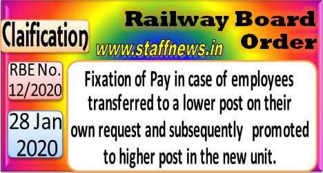 Fixation of Pay on transfer to a lower post and subsequently promoted to higher post – Clarification with Illustrations : Railway Board RBE No. 12/2020