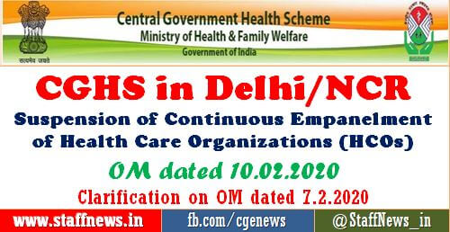Suspension of continuous empanelment of Health Care Organizations (HCOs) under CGHS in Delhi/NCR