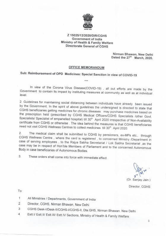 CGHS OM regarding reimbursement of OPD Medicines – Special sanction in view of Covid-19