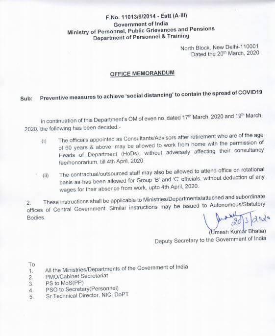 Allow Retired Consultant/Advisors work from home and Contractual/ Outsourced on rotation without loss in fee/wages – DoPT Order 20.03.2020 on COVID 19