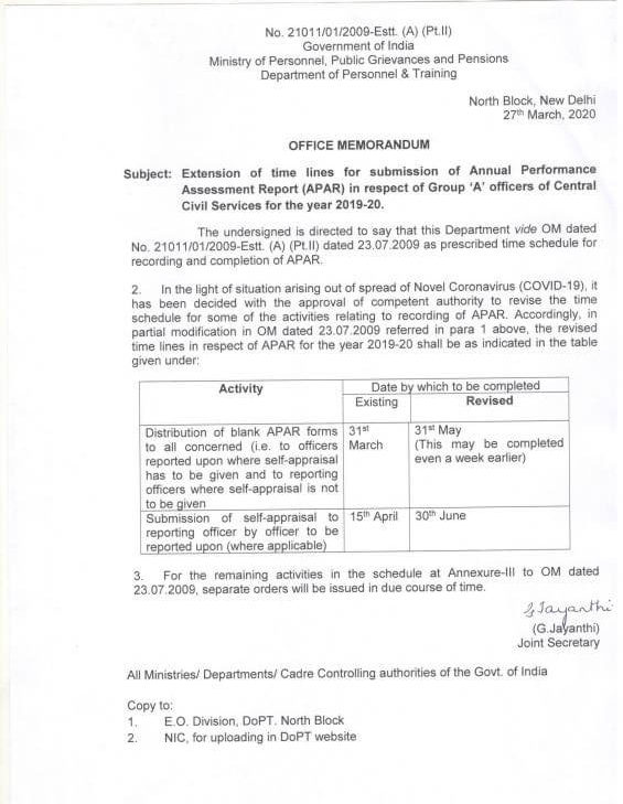 COVID-19 Outbreak – Extension of time lines for submission of APAR i.r.o. Gp A Officer for 2019-20: DoPT Order dated 27.03.2020