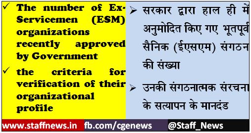 Ex-Serviceman (ESM) Organisations approved by Government सरकार द्वारा अनुमोदित भूतपूर्व सैनिक (ईएसएम)संगठन