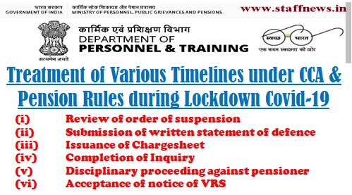 Treatment of Timeline under CCA & Pension Rules during lockdown period due to COVID-19: DoPT’s instructions reg. Suspension, Chargesheet, Voluntary Retirement etc.