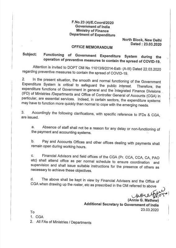 Functioning of Government Expenditure System during the containment period of COVID-19: DoE OM dt. 23.03.2020
