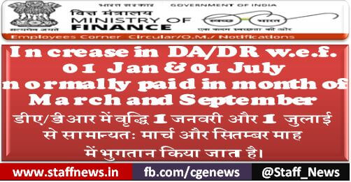 Increase in DA/DR w.e.f. 01 Jan & 01 July normally paid in month of March and September डीए/डीआर में वृद्धि 1 जनवरी और 1 जुलाई से सामान्यतः मार्च और सितम्बर माह में भुगतान किया जाता है।