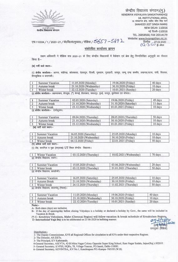 Vacation and Breaks in Kendriya Vidyalayas during Academic Session 2020-21