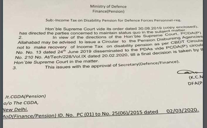 Income Tax on Disability Pension for Defence Forces Personnel – Status Quo by Hon’ble Supreme Court on the recovery reg – PCDA Circular No. 211
