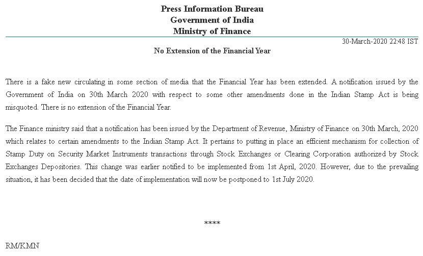 No Extension of the Financial Year 2019-20 – Clarification by Ministry of Finance
