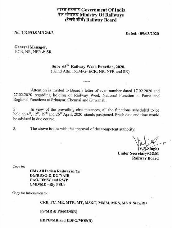 Postponment of 65th Railway Week Function, 2020