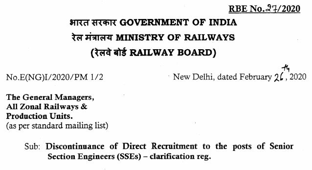 Discontinuance of Direct Recruitment to the posts of Senior Section Engineers (SSEs) — clarification by Railway Board