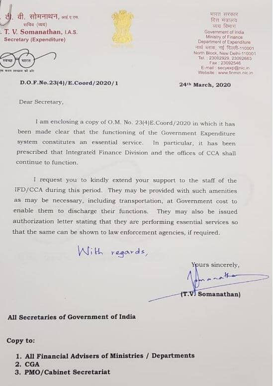 Provide support/amenities to the staff to enable to discharge the essential services/duties during Covid 19 Outbreak: Secretary Finance writes DO letter