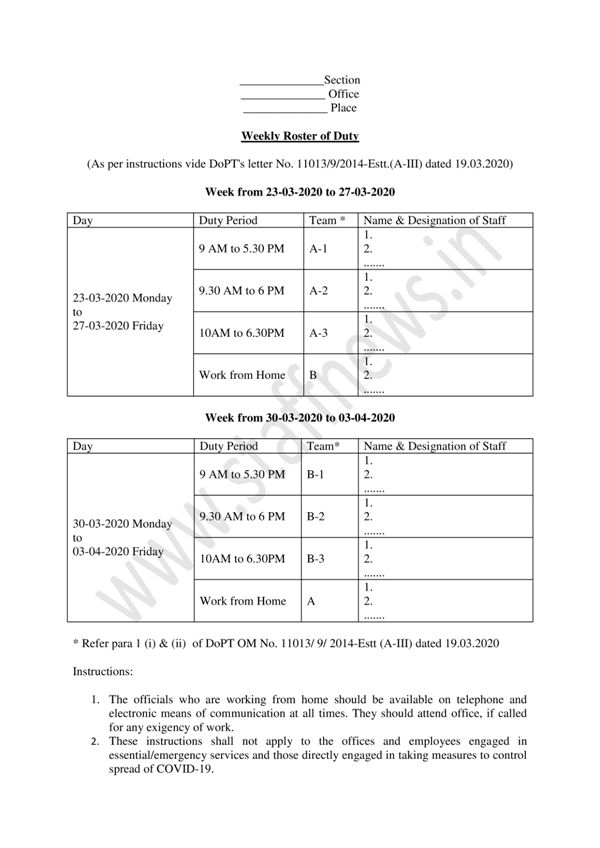 COVID 19 Spread – 50% Staff to work from home – Example of Weekly Roster of Duty with reference to DoPT OM 19.03.2020