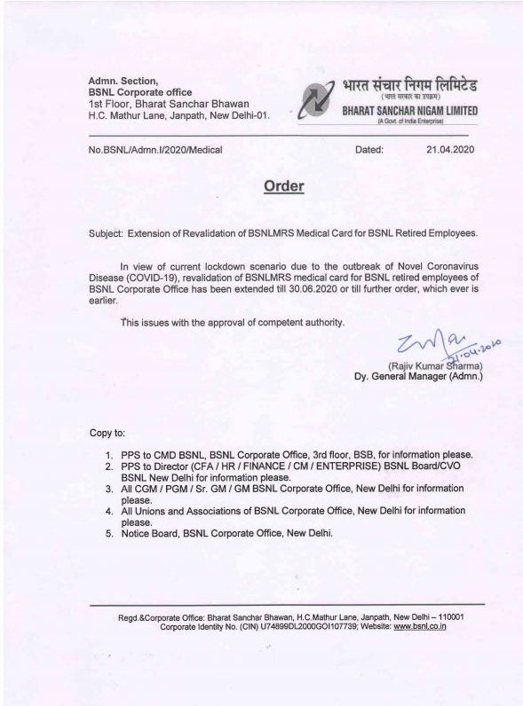 Extension of Revalidation of BSNLMRS Medical Card for BSNL Retired Employees