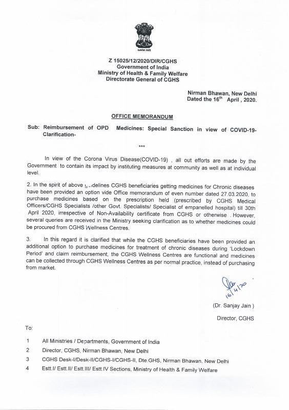 CGHS Clarification on reimbursement of OPD medicine under special sanction in view of COVID-19