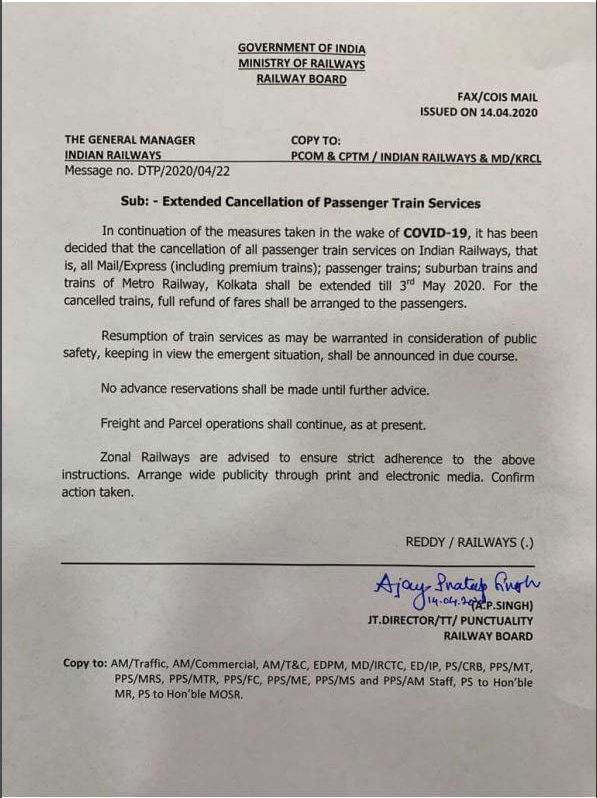 All passenger train services cancelled till 3rd May 2020 in view of COVID 19 lockdown