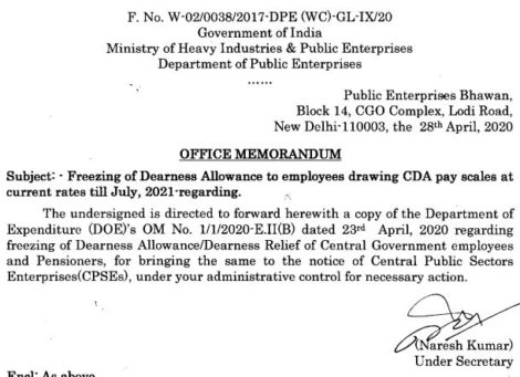 Freezing of Dearness Allowance to employees drawing CDA pay scales at current rates till July, 2021