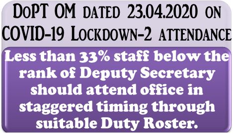 DoPT OM dated 23.04.2020 on COVID-19 Lockdown-2 attendance reg 33% staff below Deputy Secretary Rank