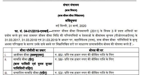 Reversionary Bonus on the Postal Life Insurance Policies for year 2016-17, 2017-18, 2018-19 and 2019-20 Notification dated 31.03.2020