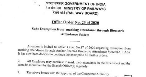 Exemption from marking attendance through Biometric Attendance System: Railway Board OO No. 23 of 2020