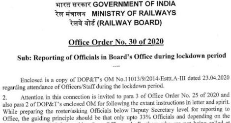 Reporting of Officials during lockdown period: Railway Board OO No. 30 of 2020