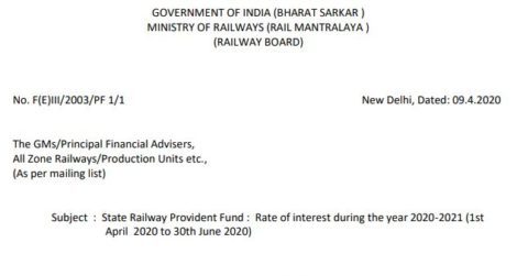 State Railway Provident Fund: Rate of interest during the year 2020-2021 (1st April 2020 to 30th June 2020)
