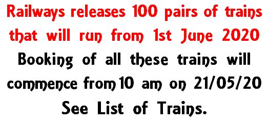 List of 100 pairs of train from 1st June, 2020: Booking from 21.05.2020