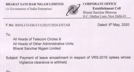 Payment of leave encashment in respect of BSNL VRS-2019 optees whose Vigilance clearance is withheld
