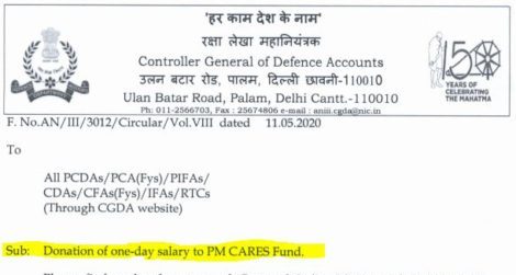 Donation of one-day salary to PM CARES Fund for any or all of the months from May 2020 to March 2021: CGDA