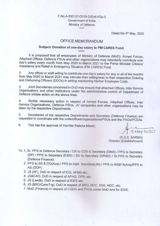 Voluntarily contribute one- day’s salary every month from May 2020 to March 2021 to PM CARES Fund: MoD Order