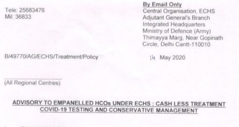 Cashless Treatment COVID-19 Testing and conservative management: Advisory to Empanelled HCOs under ECHS
