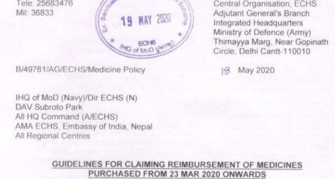 ECHS Guidelines and Form for claiming reimbursement of medicine purchased from 23 Mar 2020 onwards