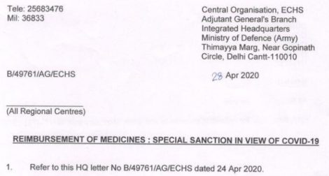 Reimbursement of Medicines to ECHS Beneficiaries : Special Sanction in view of COVID-19
