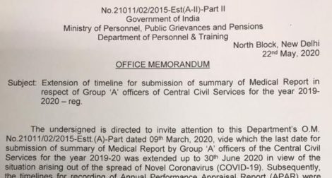 Extension of timeline of Annual Medical Report submission upto 31 Dec 2020 i.r.o. Group A Officers in view of COVID 19 Outbreak