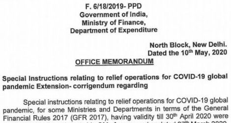 Instructions relating to relief operations for COVID-19 global pandemic Extension- corrigendum issued by Finance Ministry