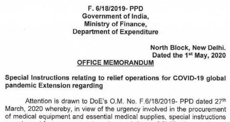 Special Instructions Relating to COVID Relief – Extension of Time on Procurement: Finance Ministry OM 01.05.2020