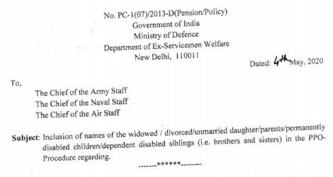 Inclusion of names of the widowed/ divorced/ unmarried daughter/ parents/ permanently disabled children/dependent disabled siblings in the PPO: DESW