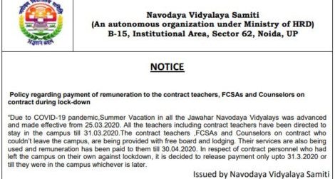 Policy regarding payment of remuneration to the contract teachers, FCSAs and Counselors on contract during lock-down