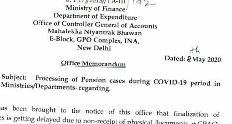 Processing of Pension Cases during COVID-19 period in Ministries/Departments: Important Order