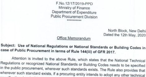 Public Procurement in terms of Rule 144(iii) of GFR 2017: Fin Min instructs to use Indian Quality Certifications and Accreditations