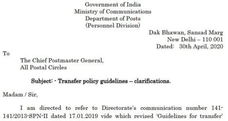 Transfer policy guidelines to Postal Employees – clarifications dated 30.04.2020