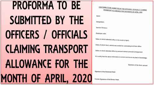Payment of Transport Allowance for the month of April 2020 – Proforma for claiming TA