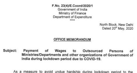 Pay Wages upto 31.05.2020 to Outsourced Persons of Ministries/Departments: Fin Min Orders