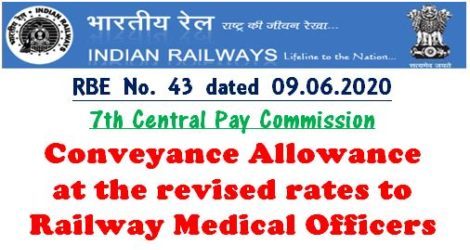 7th Central Pay Commission Conveyance Allowance Revised rates to Railway Medical Officers : RBE No. 43 dated 09.06.2020