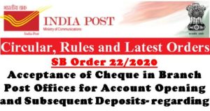 acceptance of cheque in branch post offices sb order 22 2020