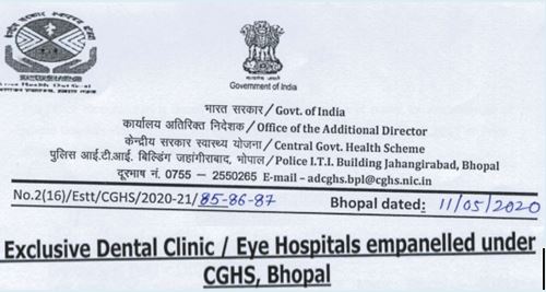 CGHS Bhopal Hospital List: Empanelment of Dental Care & Eye Care Centres under continuous empanelment scheme
