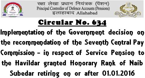 7th Central Pay Commission – Service Pension to Havildar granted Honorary Rank of Naib Subedar retiring on or after 01.01.2016: