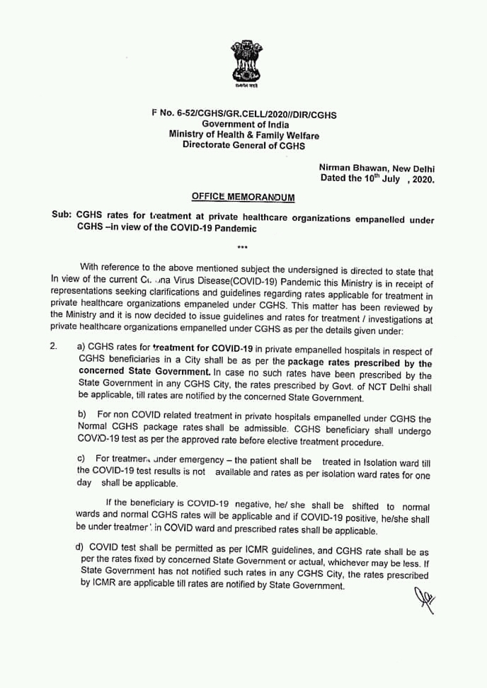CGHS rates for Corona Virus Disease (COVID-19) treatment at private HCOs: CGHS OM Dt. 10th July, 2020