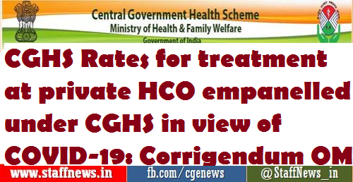 CGHS Rates for treatment at private HCO empanelled under CGHS in view of COVID-19: Corrigendum OM